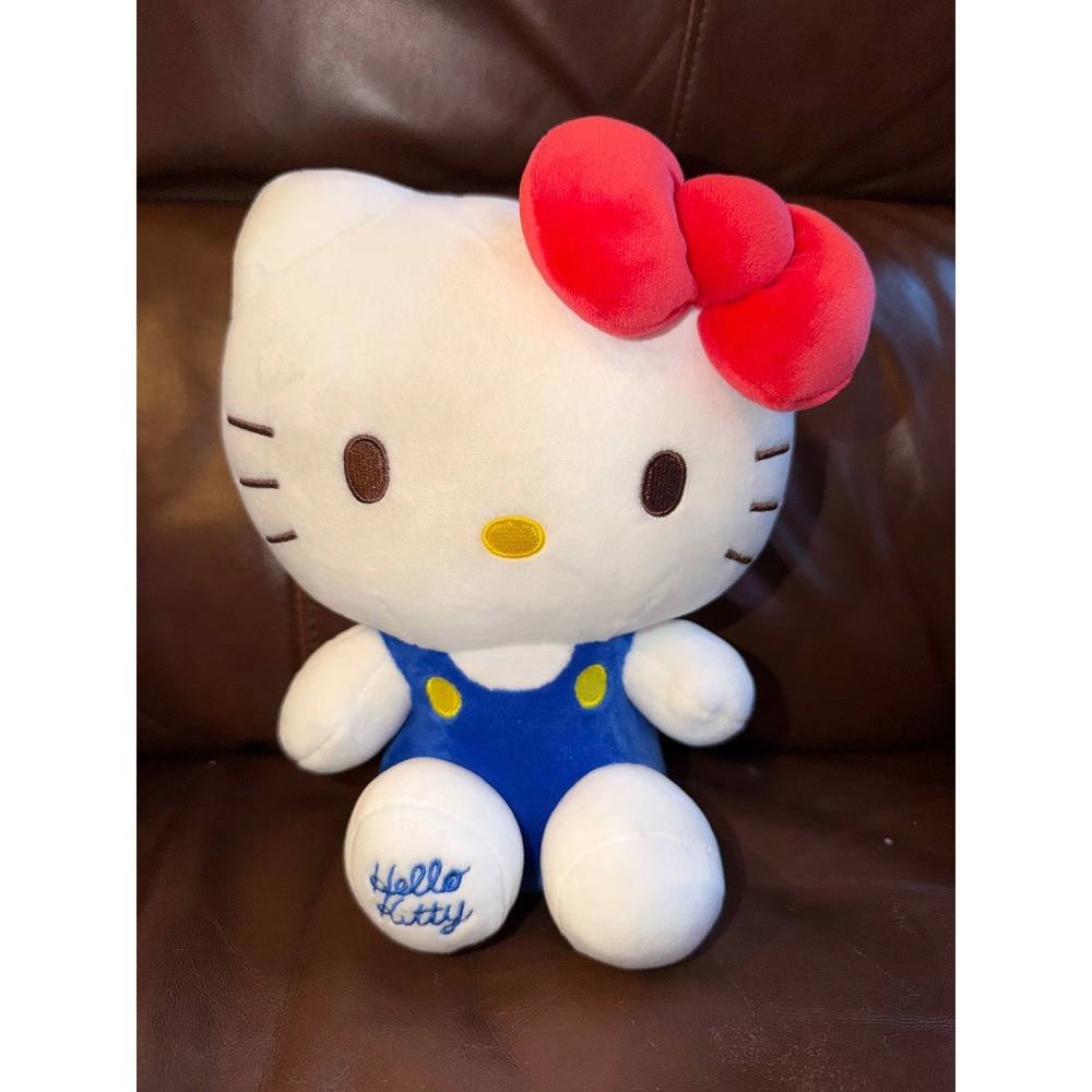 Sanrio Hello Kitty Plush Blue Overalls Red Bow Embroidered Foot 2023 Stuffed Toy